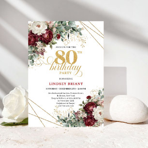 Romantic Marsala Eucalyptus 80th Birthday Invitation