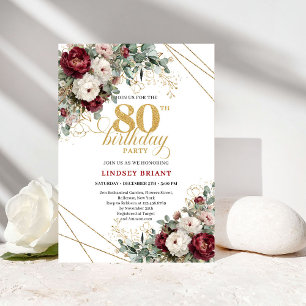 Romantic Marsala Floral Eucalyptus 80th Birthday Invitation