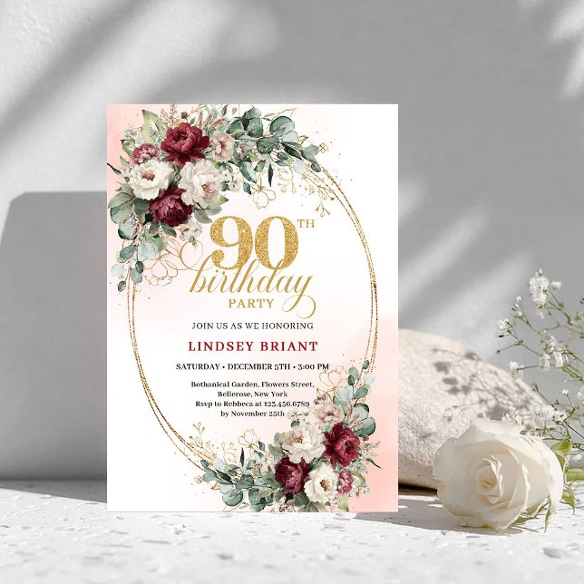 Romantic Marsala Peonies Eucalyptus 90th Birthday  Invitation (Romantic Marsala Peonies Eucalyptus 90th Birthday Invite)