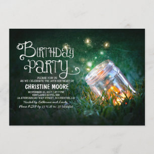 Romantic mason jar fireflies birthday party invite