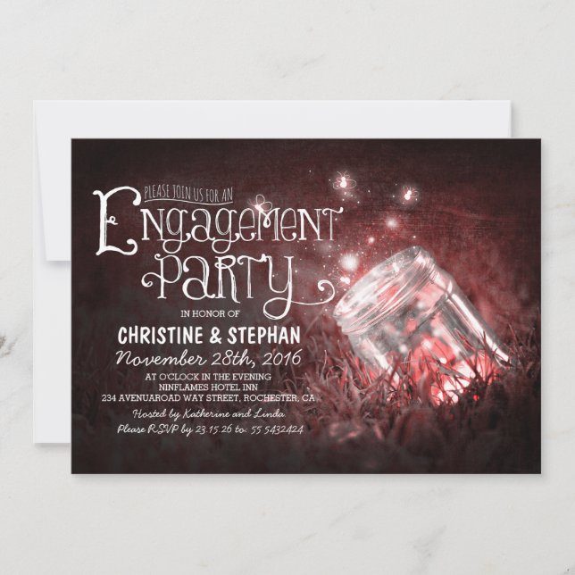 Romantic mason jar & fireflies engagement party invitation (Front)
