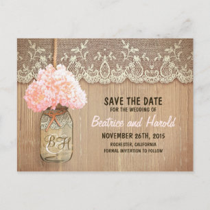romantic mason jar pink flowers save the date announcement postcard