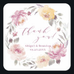 Romantic mauve floral thank you wedding square sticker<br><div class="desc">Romantic watercolor floral in mauve,  dusty pink,  coral and yellow,  with trendy thank you script,  elegant and romantic,  great for modern wedding,  romantic wedding,  and botanical garden wedding in spring,  summer and fall.
See all the matching pieces in collection.</div>