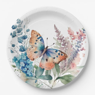 Romantic meadow butterfly paper plate