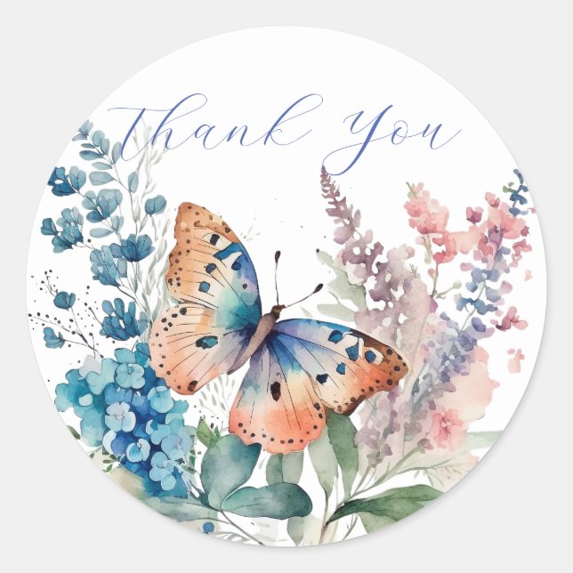 Romantic meadow butterfly thank you  classic round sticker (Front)