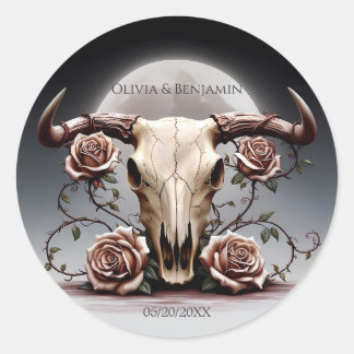 Romantic Mediaeval Floral Cow Skull Wedding Classic Round Sticker