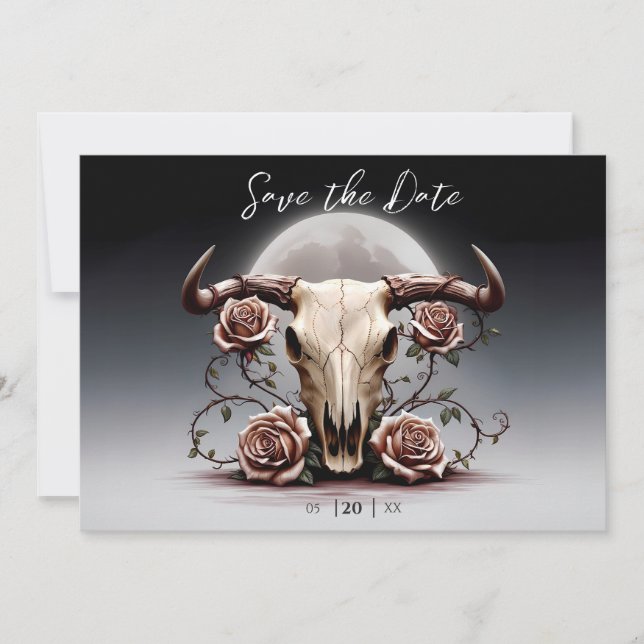 Romantic Mediaeval Floral Cow Skull Wedding Save The Date (Front)
