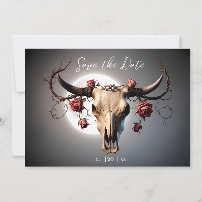 Romantic Mediaeval Floral Cow Skull Wedding Save The Date (Front)