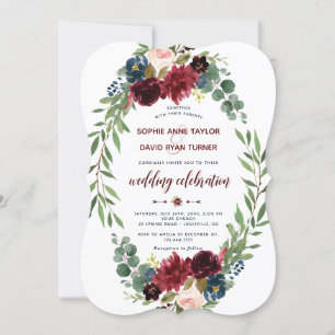Romantic Merlot Navy Blue Floral Bloom Wedding Invitation