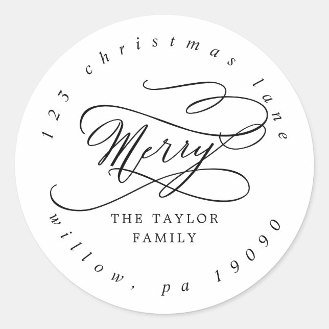 Romantic Merry Christmas Circular Return Address Classic Round Sticker (Front)