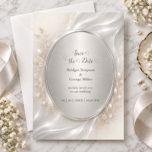 Romantic metallic Silver Oval Wedding Botanicals Invitation