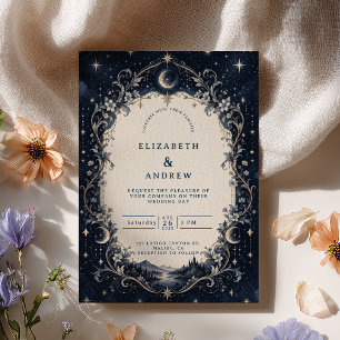Romantic Midnight Blue Starry Night Celestial Wedd Invitation