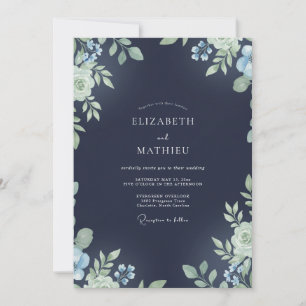 Romantic Midnight Indigo Leafy Wedding Invitation
