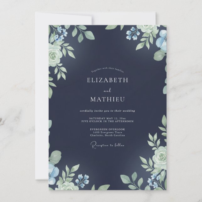 Romantic Midnight Indigo Leafy Wedding Invitation (Front)