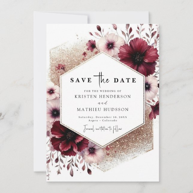 Romantic Minimal Burgundy Wedding  Save The Date (Front)