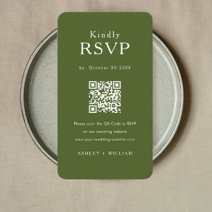 Romantic Minimal Rsvp Qr Code Moss Green Wedding Enclosure Card