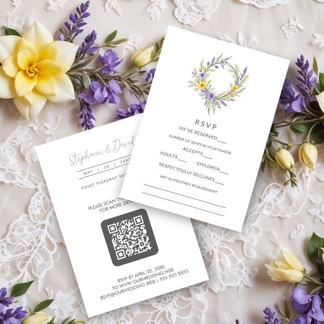 Romantic Minimal Wedding Yellow & Lavender Wreath RSVP Card (Romantic Minimalist Wedding Yellow & Lavender Wreath RSVP Cards. )