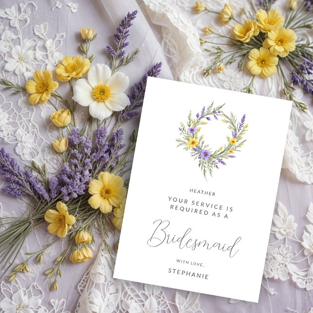 Romantic Minimal Yellow Lavender Wreath Bridesmaid (Romantic Minimalist Wedding Yellow & Lavender Wreath Bridesmaid Proposals Cards.)