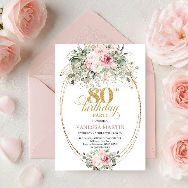 Romantic Minimalist Blush Floral 80th Birthday  Invitation (Romantic Minimalist Blush Floral 80th Birthday Invite

)