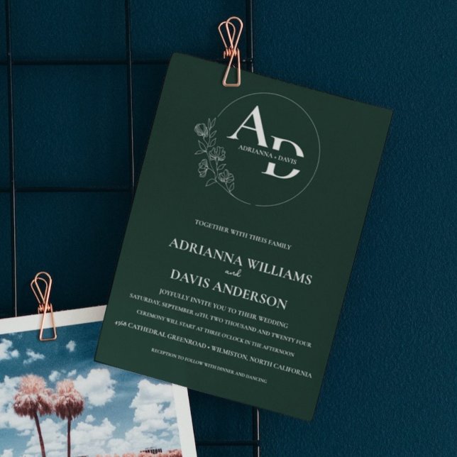 Romantic minimalist green modern monogram wedding invitation (Creator Uploaded)
