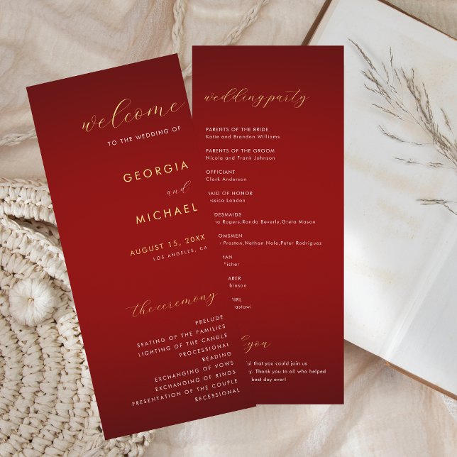 Romantic Minimalist Modern Dark Red & Gold Wedding Programme (Creator Uploaded)