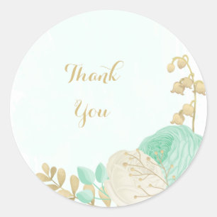 Romantic mint green & white flowers gold classic round sticker