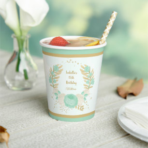 Romantic mint green & white flowers gold paper cups