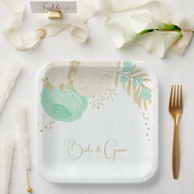 Romantic mint green & white flowers gold paper pla plate (Wedding)
