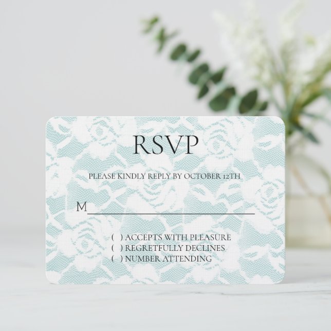 Romantic Mint White Roses Floral Wedding RSVP Card (Standing Front)