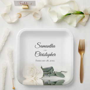 Romantic Mirrored White Rose Elegant Wedding Paper Plate