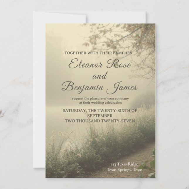 Romantic Misty Lakeside Vintage Wedding Invitation (Front)