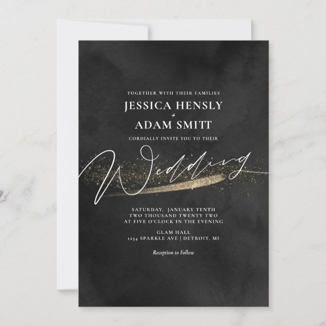 Romantic Modern Black and Gold Wedding Invitation (Front)