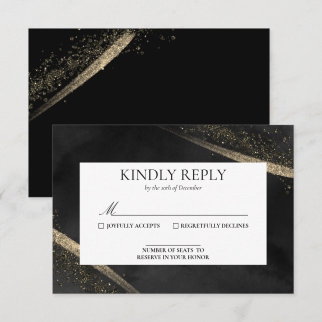 Romantic Modern Black and Gold Wedding RSVP Card (Front/Back)
