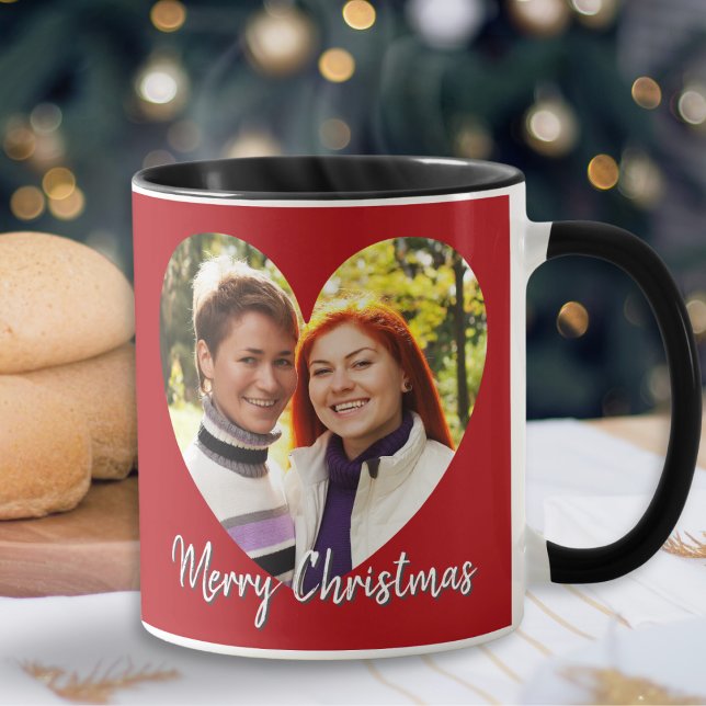 Romantic Modern Cute Heart Merry Christmas Photo Mug (A Christmas mug, with your chosen photo displayed in a heart shape, and your own message on the back)