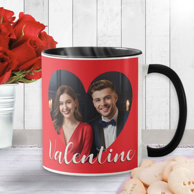 Romantic Modern Cute Valentine Hearts Custom Photo Mug (A red mug for Valentine's Day with custom photo in a love-heart shaped 'frame' and your text on back)