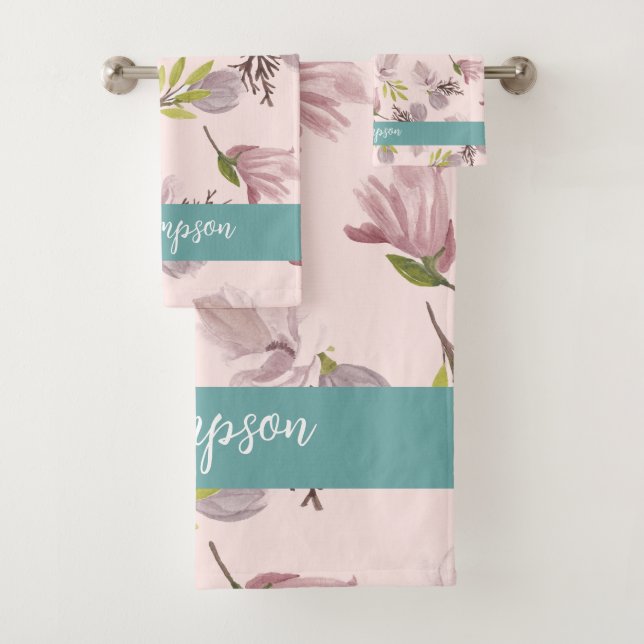 Romantic modern design monogram pink and blue bath towel set (Insitu)