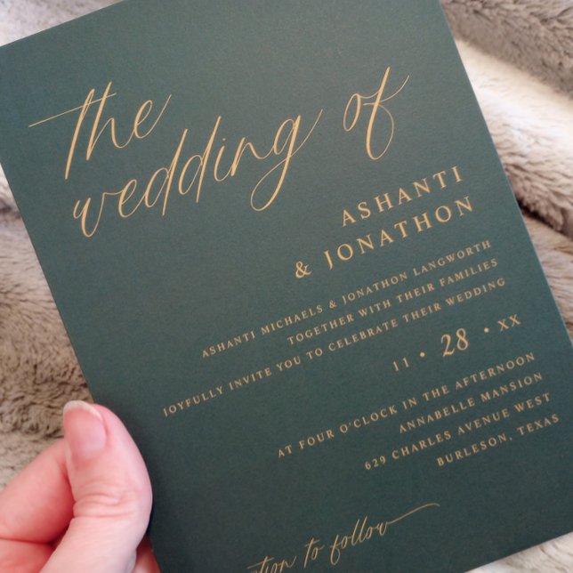 Romantic Modern Emerald Green Wedding Invitation (Emerald Green and Gold Wedding Invitations - Soft Romantic Delicate Script)