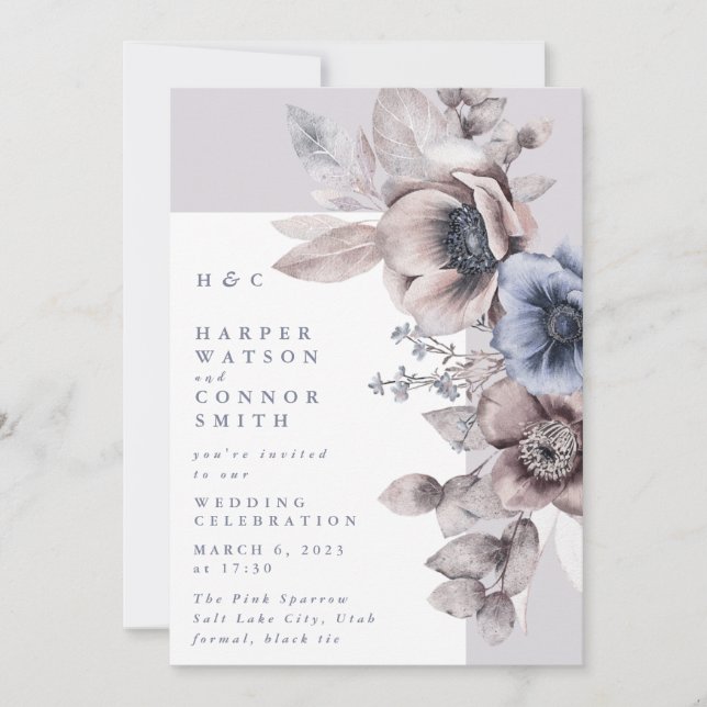 Romantic Modern Light Moody Winter Floral Wedding Invitation (Front)