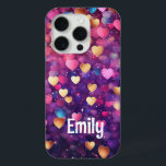 Romantic Modern Love Hearts Personalised Name iPhone 15 Pro Case<br><div class="desc">Romantic Modern Love Hearts Personalised Name iPhone 15 Pro Phone Cases features a cute pattern of pink,  purple,  gold and blue love hearts. Perfect gift for girls,  girlfiends,  wife for Valantine's Day,   birthday,  Christmas,  holidays and more. Designed by Evco Studio www.zazzle.com/store/evcostudio</div>