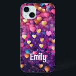 Romantic Modern Love Hearts Personalised Name iPhone 15 Mini Case<br><div class="desc">Romantic Modern Love Hearts Personalised Name iPhone 15 Plus Phone Cases features a cute pattern of pink,  purple,  gold and blue love hearts. Perfect gift for girls,  girlfiends,  wife for Valantine's Day,   birthday,  Christmas,  holidays and more. Designed by Evco Studio www.zazzle.com/store/evcostudio</div>
