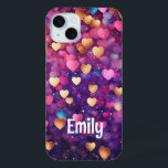 Romantic Modern Love Hearts Personalised Name iPhone 15 Mini Case<br><div class="desc">Romantic Modern Love Hearts Personalised Name iPhone 15 Plus Phone Cases features a cute pattern of pink,  purple,  gold and blue love hearts. Perfect gift for girls,  girlfiends,  wife for Valantine's Day,   birthday,  Christmas,  holidays and more. Designed by Evco Studio www.zazzle.com/store/evcostudio</div>