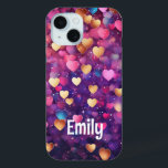 Romantic Modern Love Hearts Personalised Name iPhone 15 Case<br><div class="desc">Romantic Modern Love Hearts Personalised Name iPhone 15 Phone Cases features a cute pattern of pink,  purple,  gold and blue love hearts. Perfect gift for girls,  girlfiends,  wife for Valantine's Day,   birthday,  Christmas,  holidays and more. Designed by Evco Studio www.zazzle.com/store/evcostudio</div>