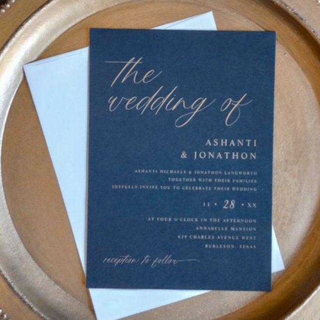 Romantic Modern Navy Blue and Gold Wedding Invitation (Navy blue and gold wedding invitations - soft delicate script - romantic)