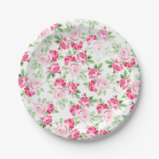 Romantic modern pink white trendy roses floral paper plate (Front)