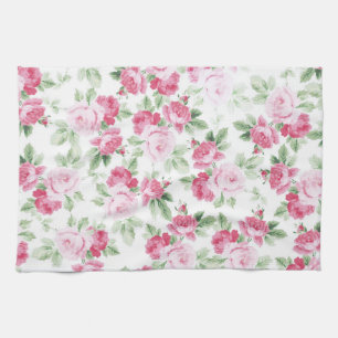 Romantic modern pink white trendy roses floral tea towel