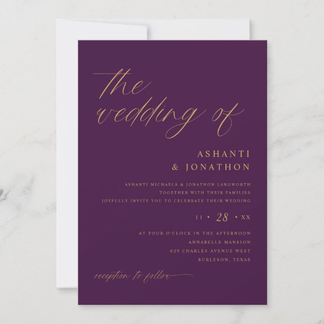 Romantic Modern Plum Purple and Gold Wedding Invitation (Front)