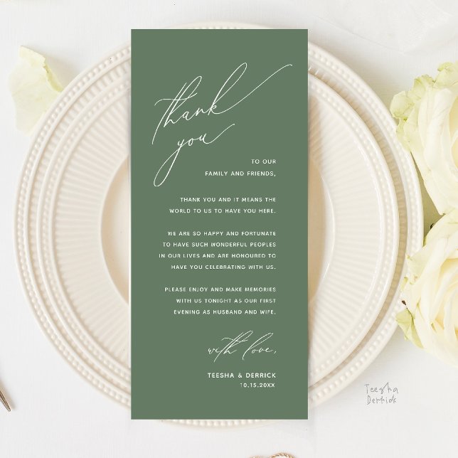 Romantic Modern Wedding Dinner Thank You Card (Romantic Modern Wedding Reception Dinner Thank You Card in Sage Green)