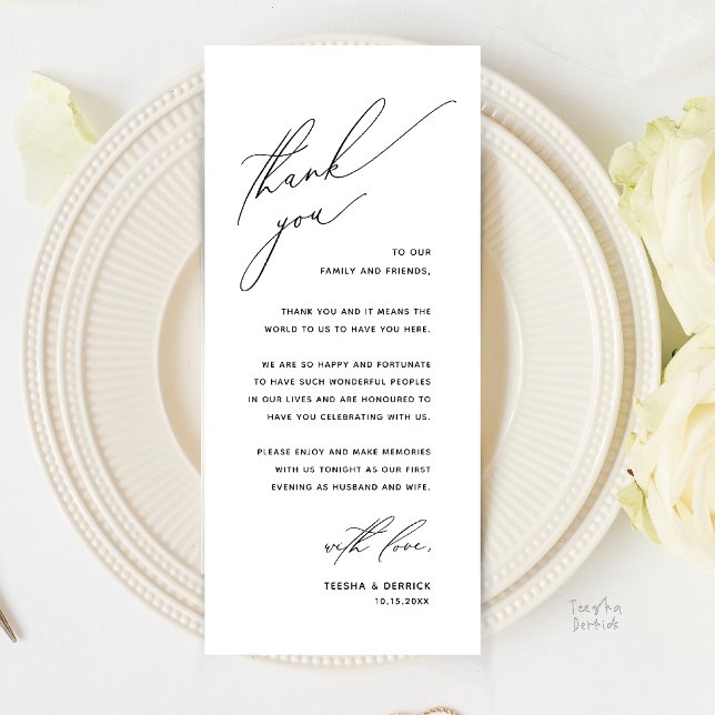 Romantic Modern Wedding Dinner Thank You Card (Romantic Modern Wedding Reception Dinner Thank You Card in Black and White)