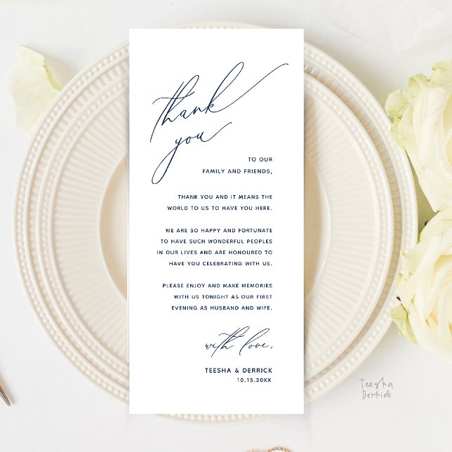 Romantic Modern Wedding Reception Thank You Card (Romantic Modern Wedding Reception Dinner Thank You Card in Navy Blue)
