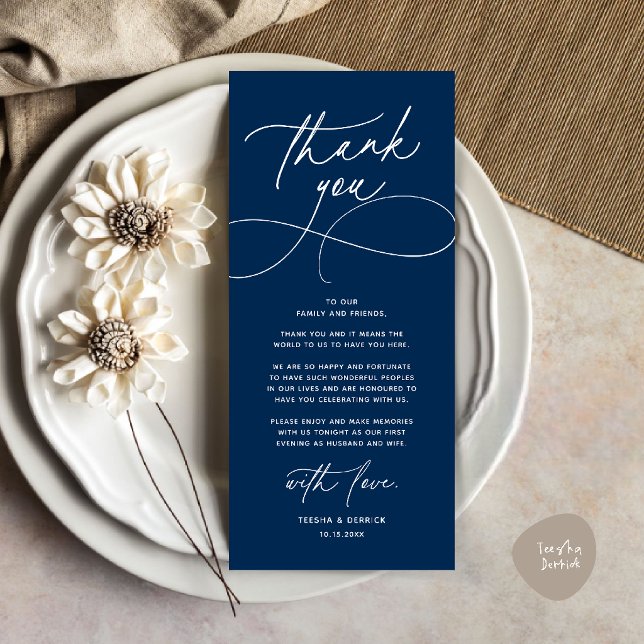 Romantic Modern Wedding Reception Thank You Card (Romantic Modern Wedding Reception Dinner Thank You Card in navy blue)